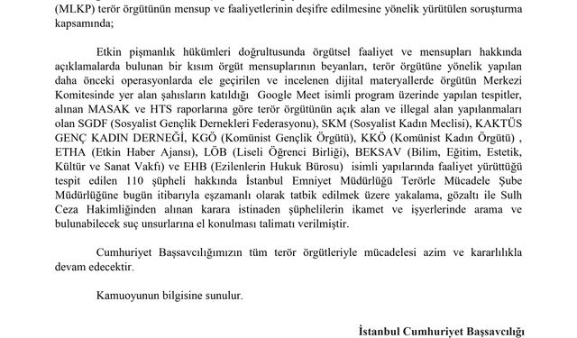 İstanbul’da MLKP Soruşturması: 110 Şüpheli Hakkında Eş Zamanlı Operasyon Kararı
